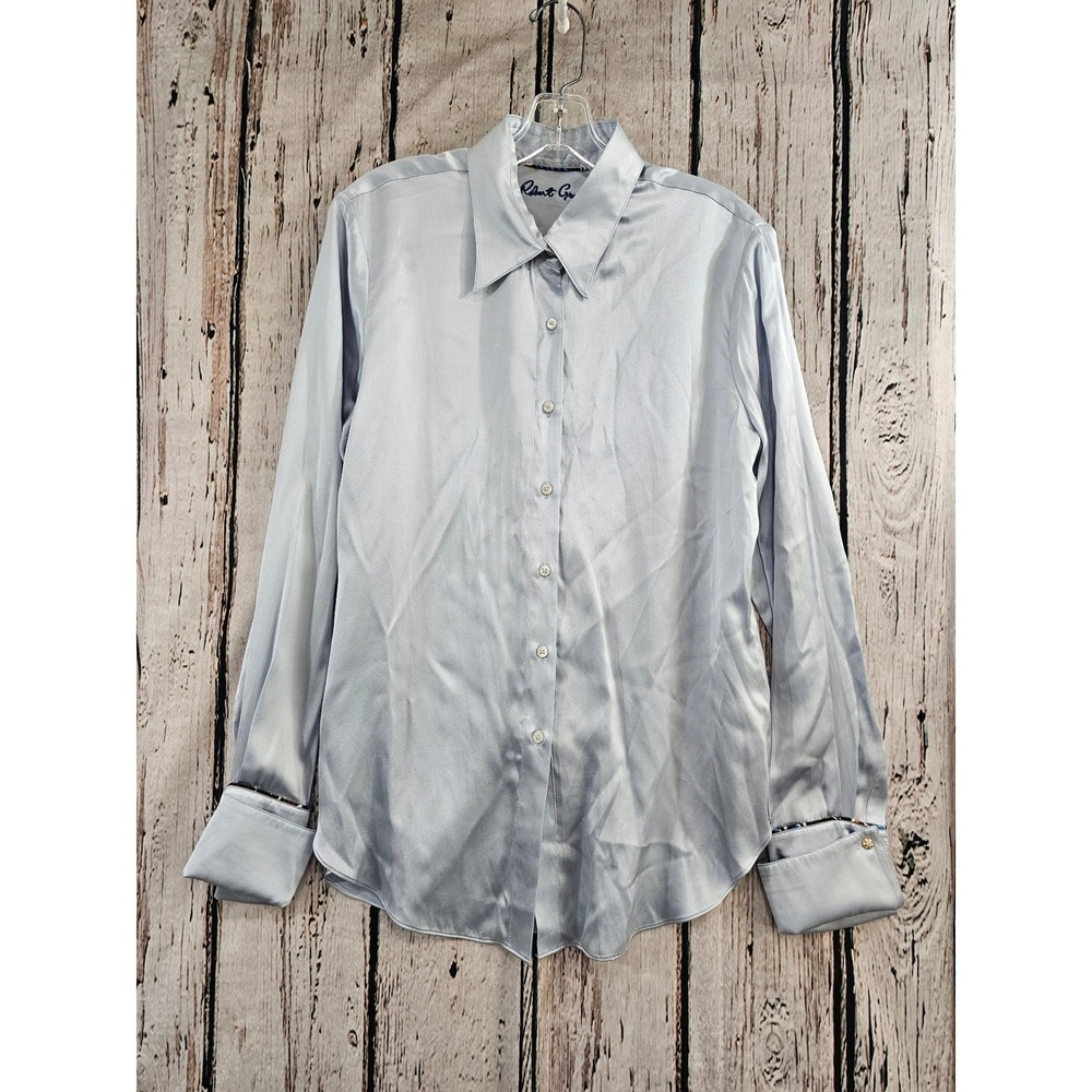 Robert Graham Mens Light Blue Silk Blend Satin Button Down Shirt M French Cuff